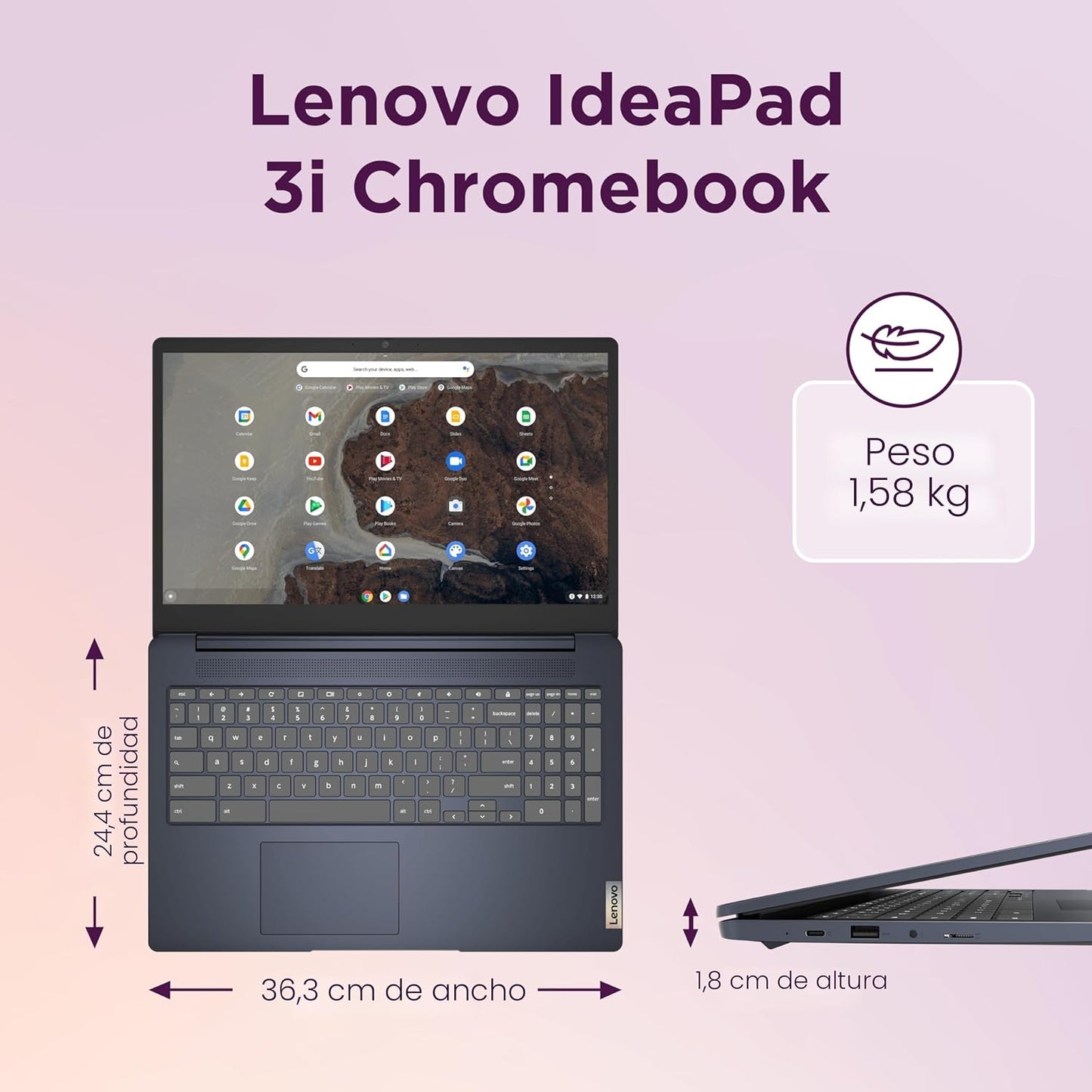 Lenovo IdeaPad 3i Chromebook, pantalla FHD de 15.6", Intel Celeron N4500, 8 GB de RAM, 64 GB eMMC